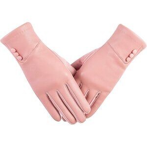 Women's Pink Winter Fashion Leather Windproof Warm Suede Driving Dress Gloves